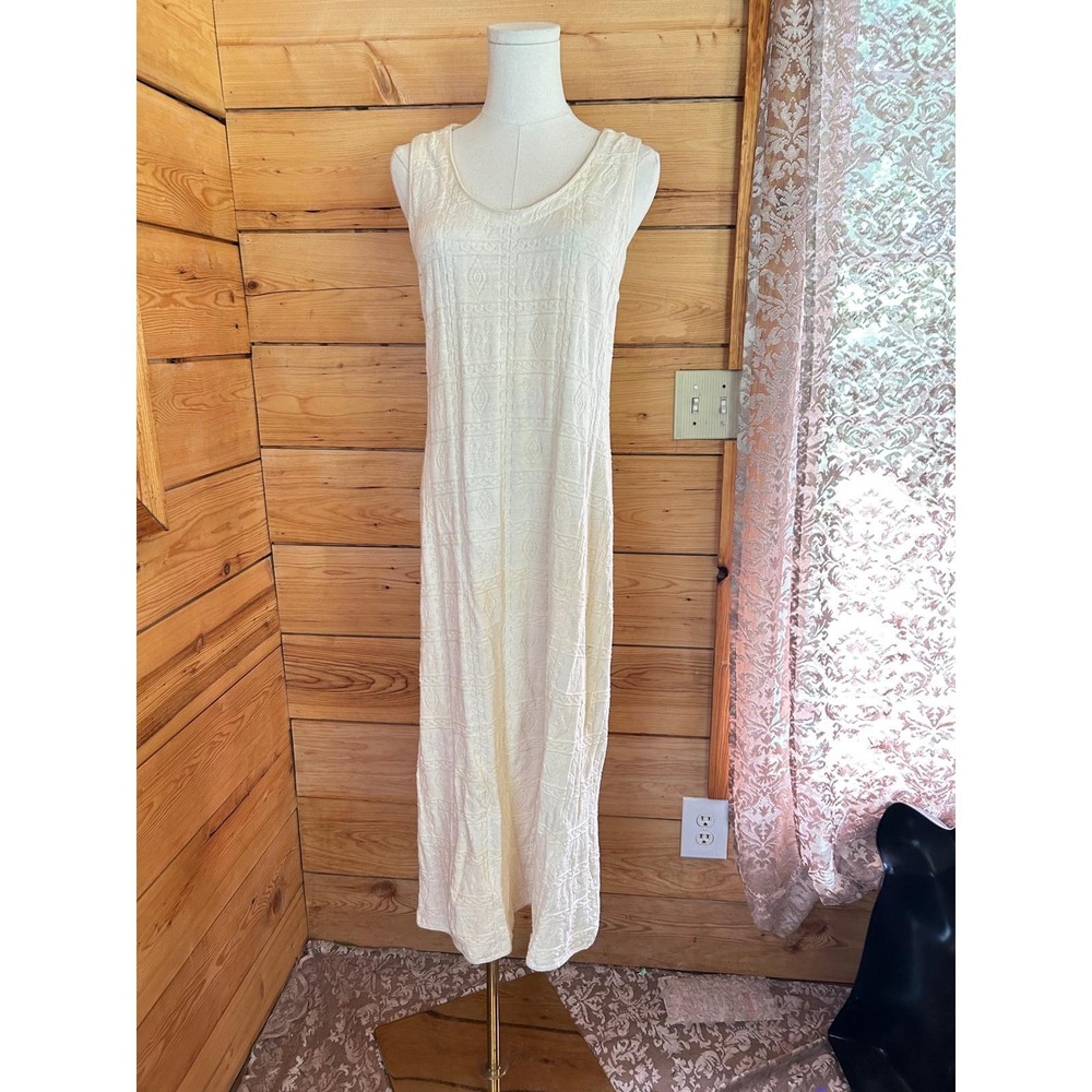 Vintage 100% Cotton Knit Maxi Dress Women Large Cream Crochet La Llama Canada
